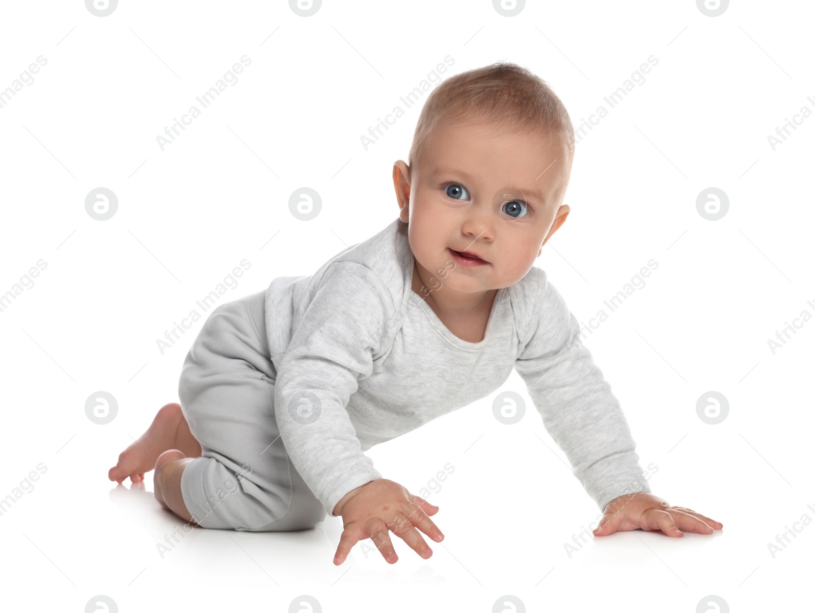 Photo of Cute little baby crawling on white background