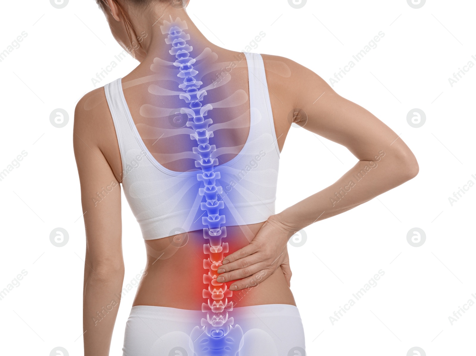 Image of Woman suffering from pain in back on white background, closeup