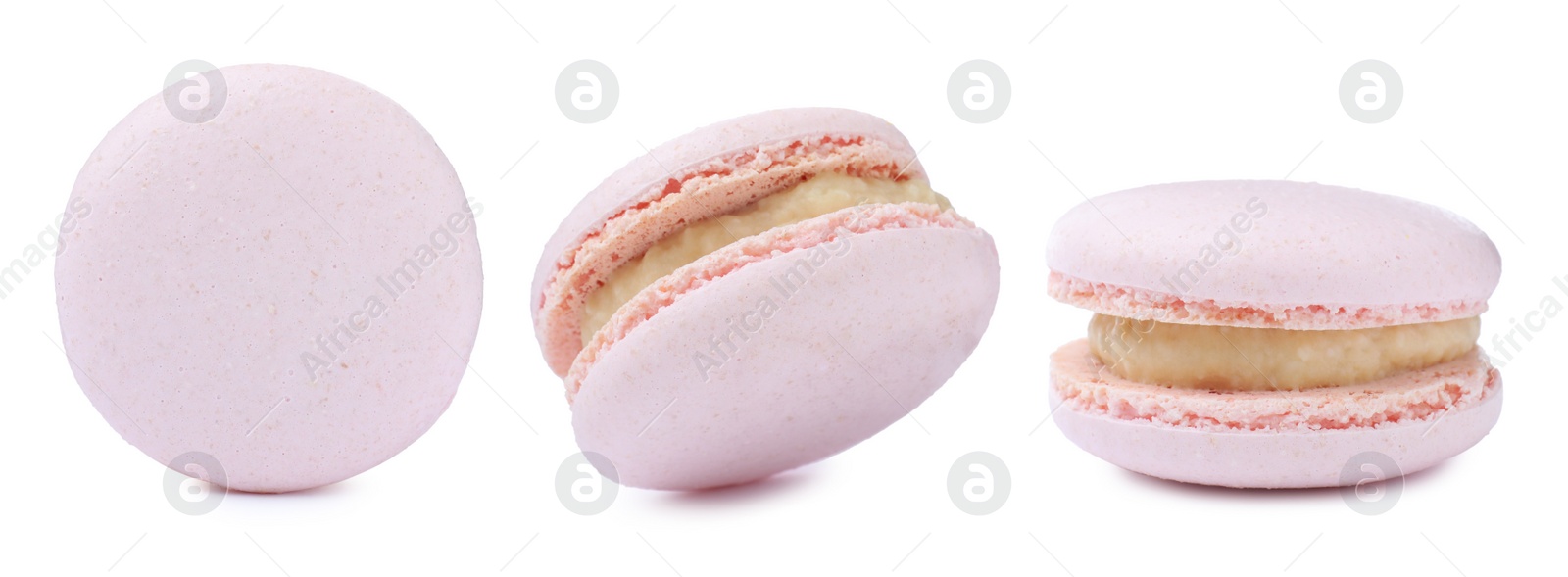 Image of Set with delicious macarons on white background. Banner design