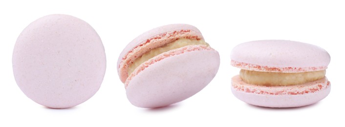 Image of Set with delicious macarons on white background. Banner design