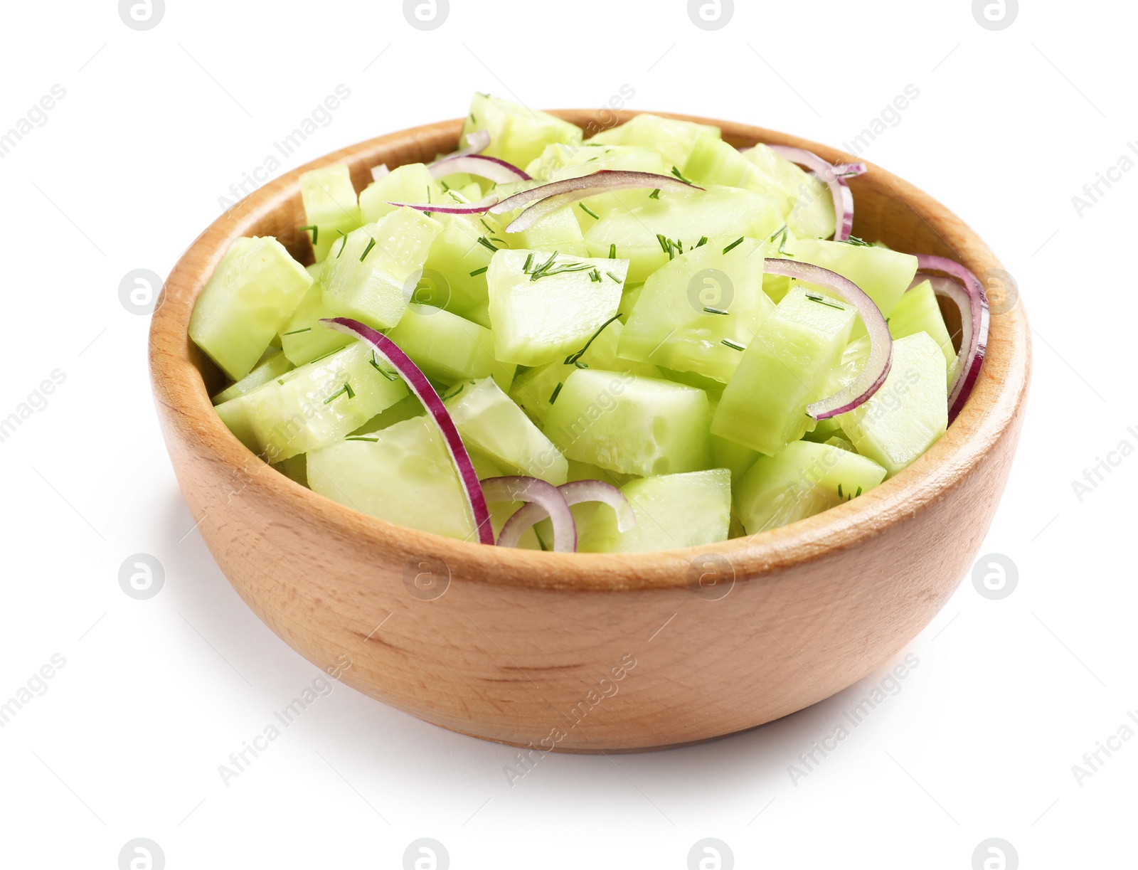 Photo of Delicious cucumber salad with onion in bowl on white background