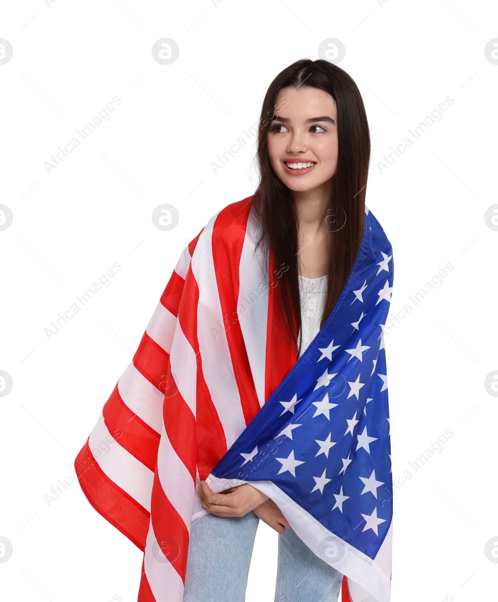 Image of 4th of July - Independence day of America. Happy teenage girl holding national flag of United States on white background