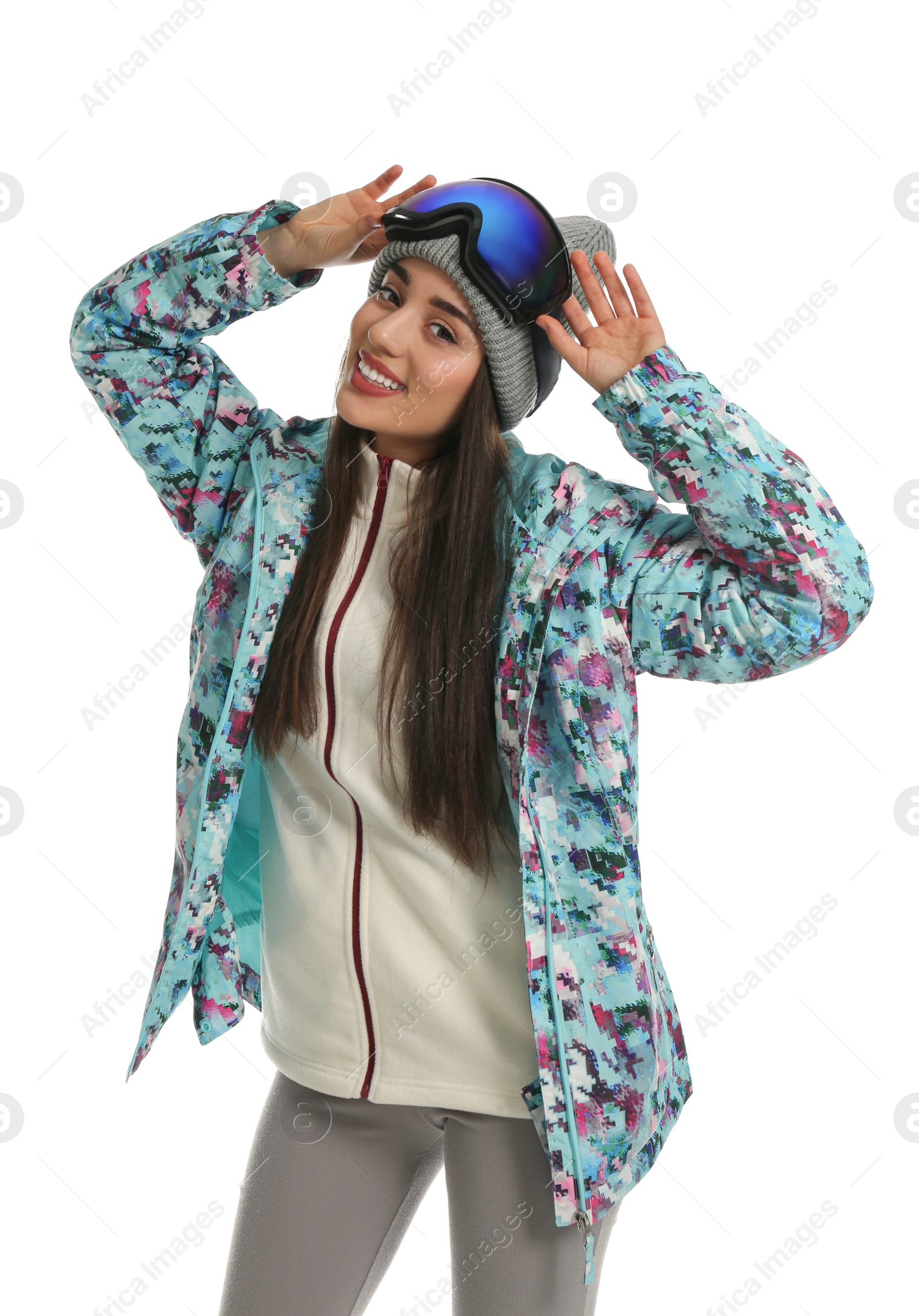 Photo of Woman wearing stylish winter sport clothes on white background