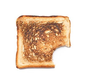 Toasted bread with bite mark on white background, top view