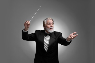 Professional conductor with baton on grey background