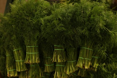 Photo of Many bunches of fresh dill on counter, top view