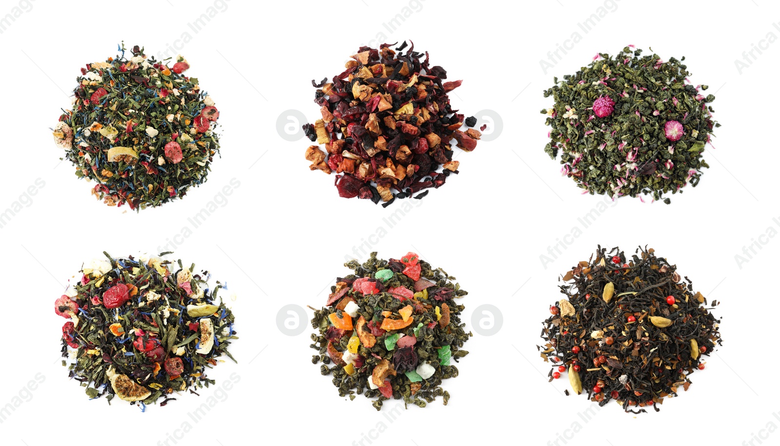 Image of Set with aromatic herbal tea on white background, top view