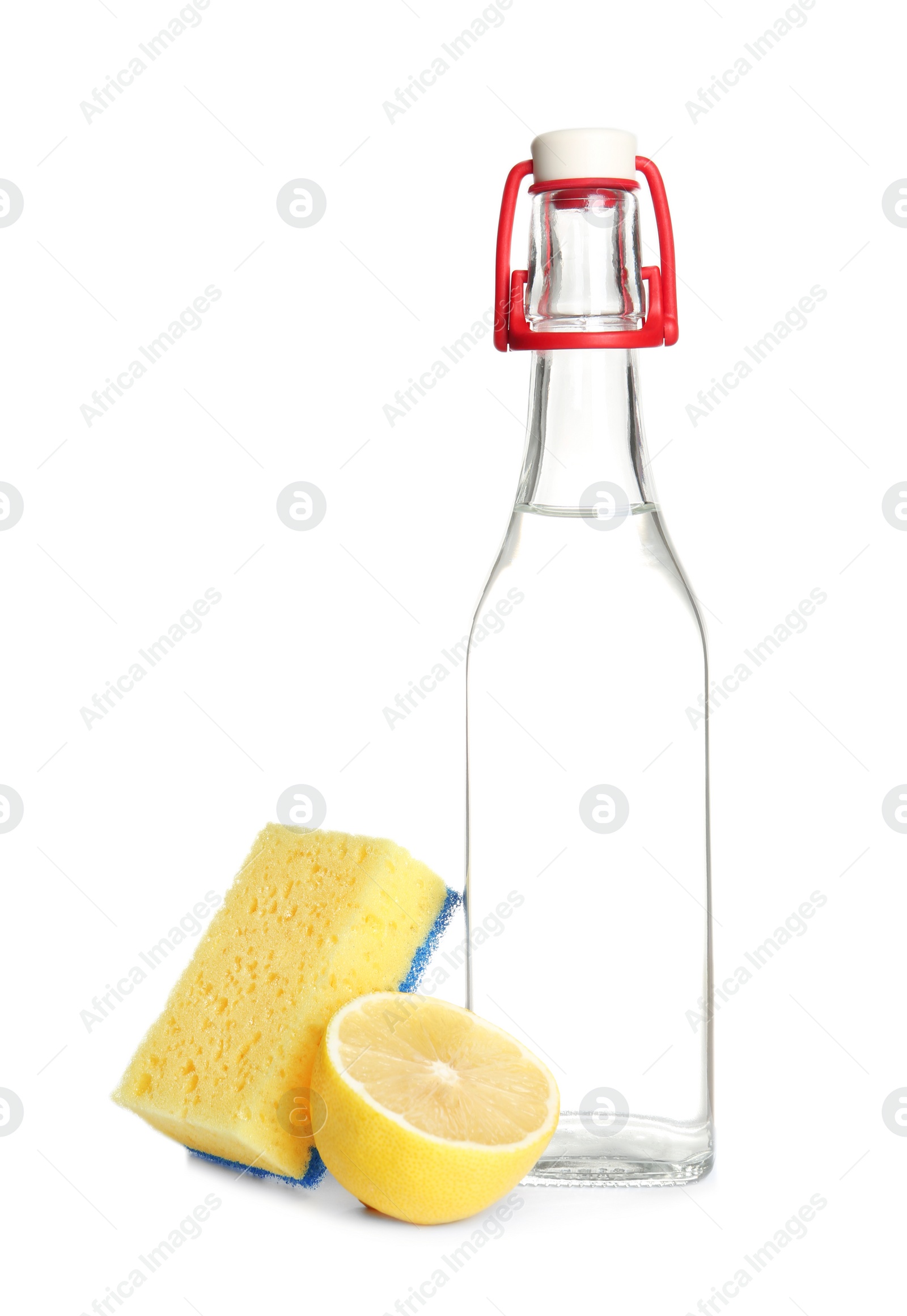 Photo of Composition with vinegar on white background. House cleaning