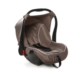 Brown child safety seat on white background