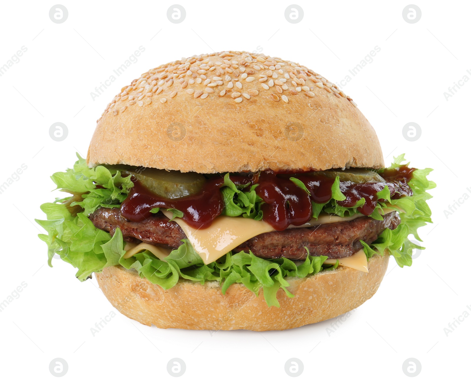 Photo of Delicious cheeseburger with lettuce, pickle, ketchup and patty isolated on white