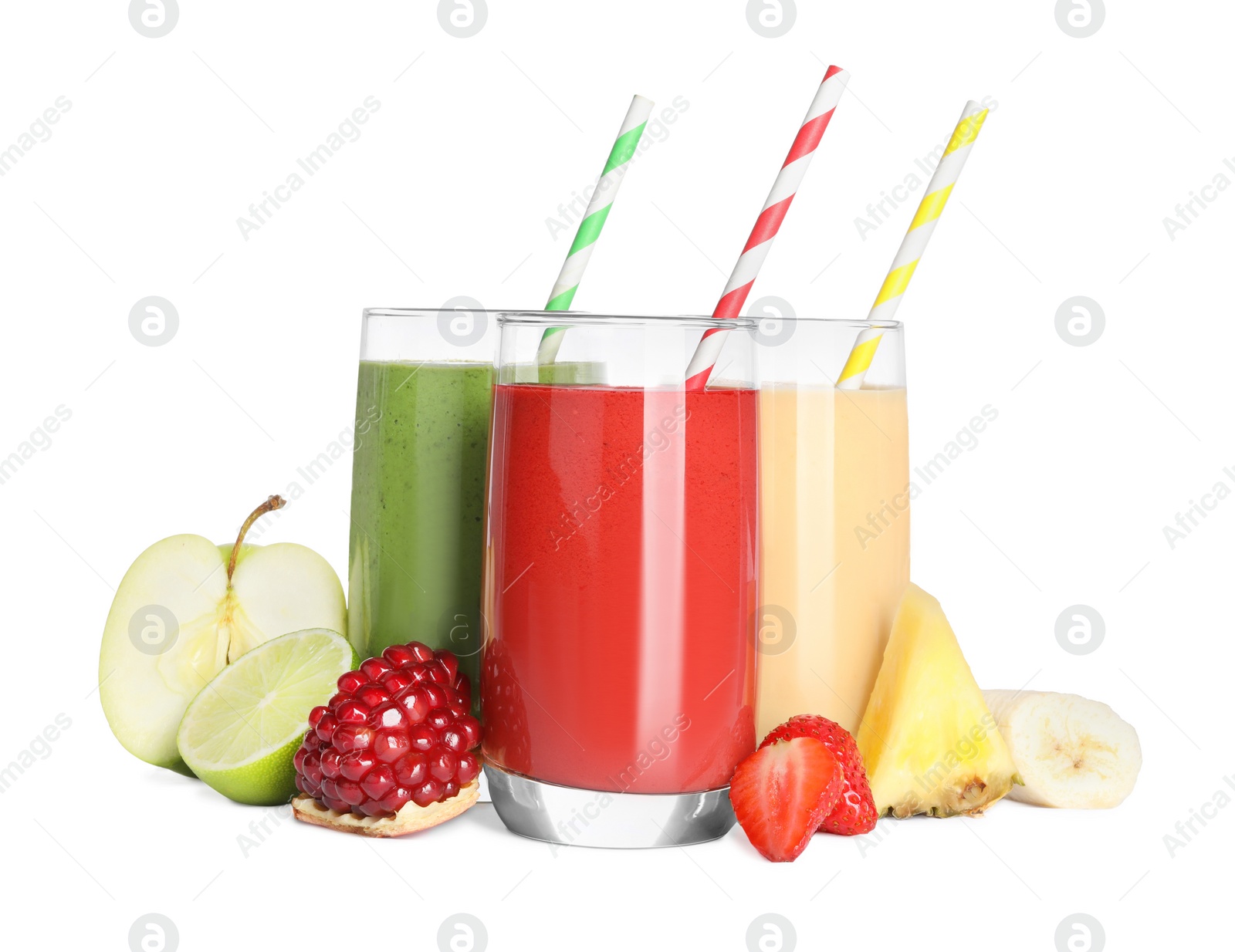 Photo of Glasses with delicious smoothies and ingredients on white background