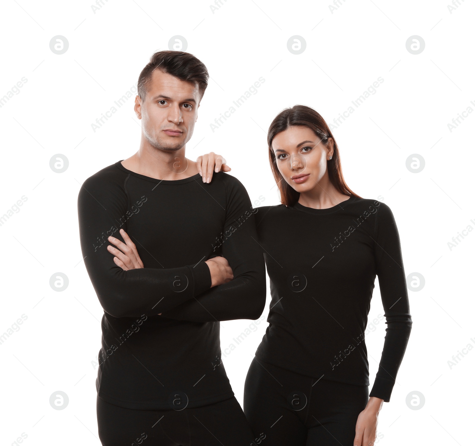 Photo of Couple wearing thermal underwear isolated on white