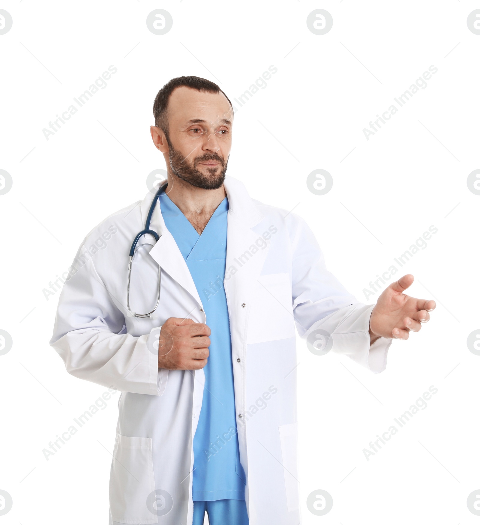 Photo of Portrait of male doctor isolated on white. Medical staff