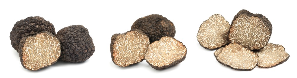 Image of Set with expensive delicious black truffles on white background. Banner design