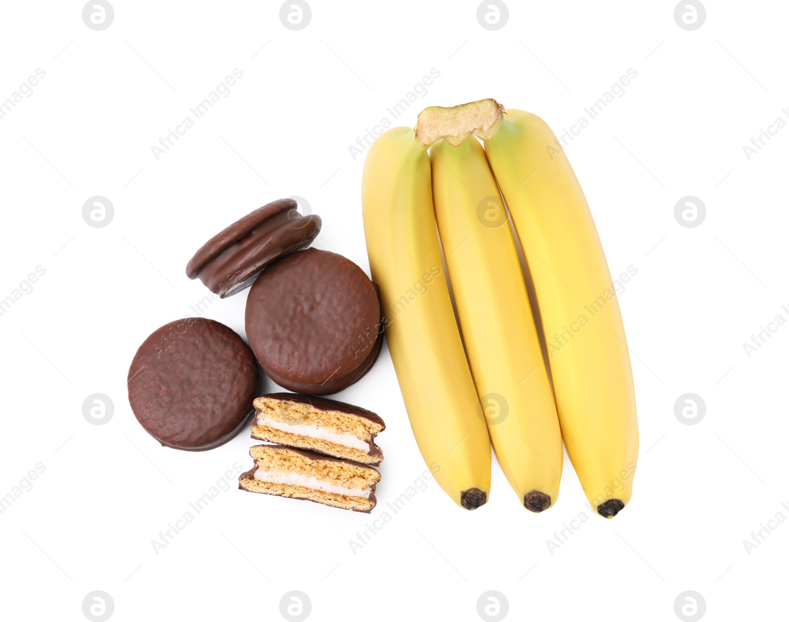 Photo of Tasty banana choco pies and fresh fruits isolated on white, top view