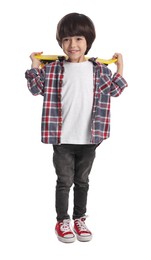 Cute little boy with skateboard on white background
