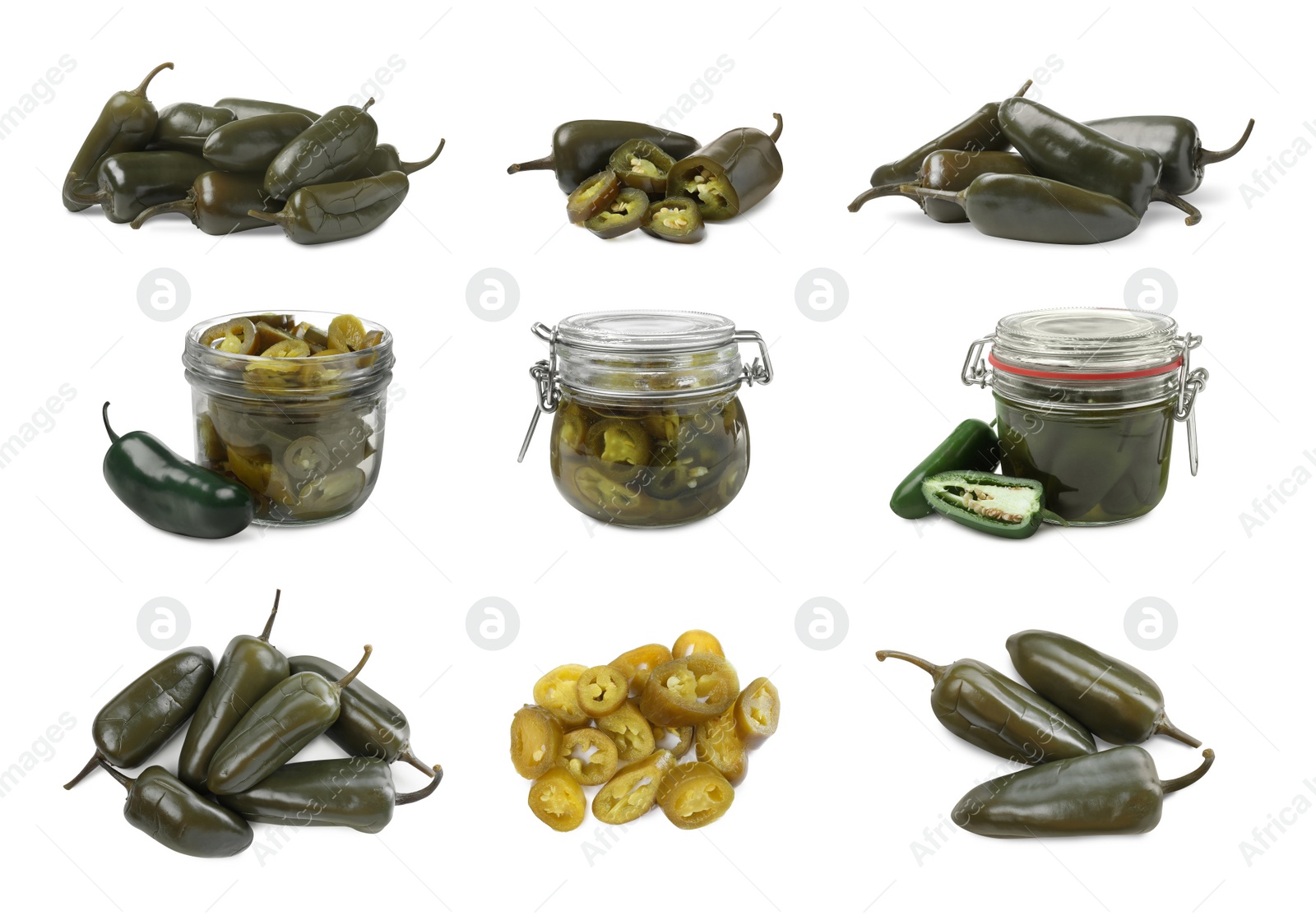 Image of Set with pickled green jalapeno peppers on white background