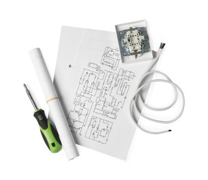 Photo of Wiring diagrams, screwdriver and disassembled light switch isolated on white, top view