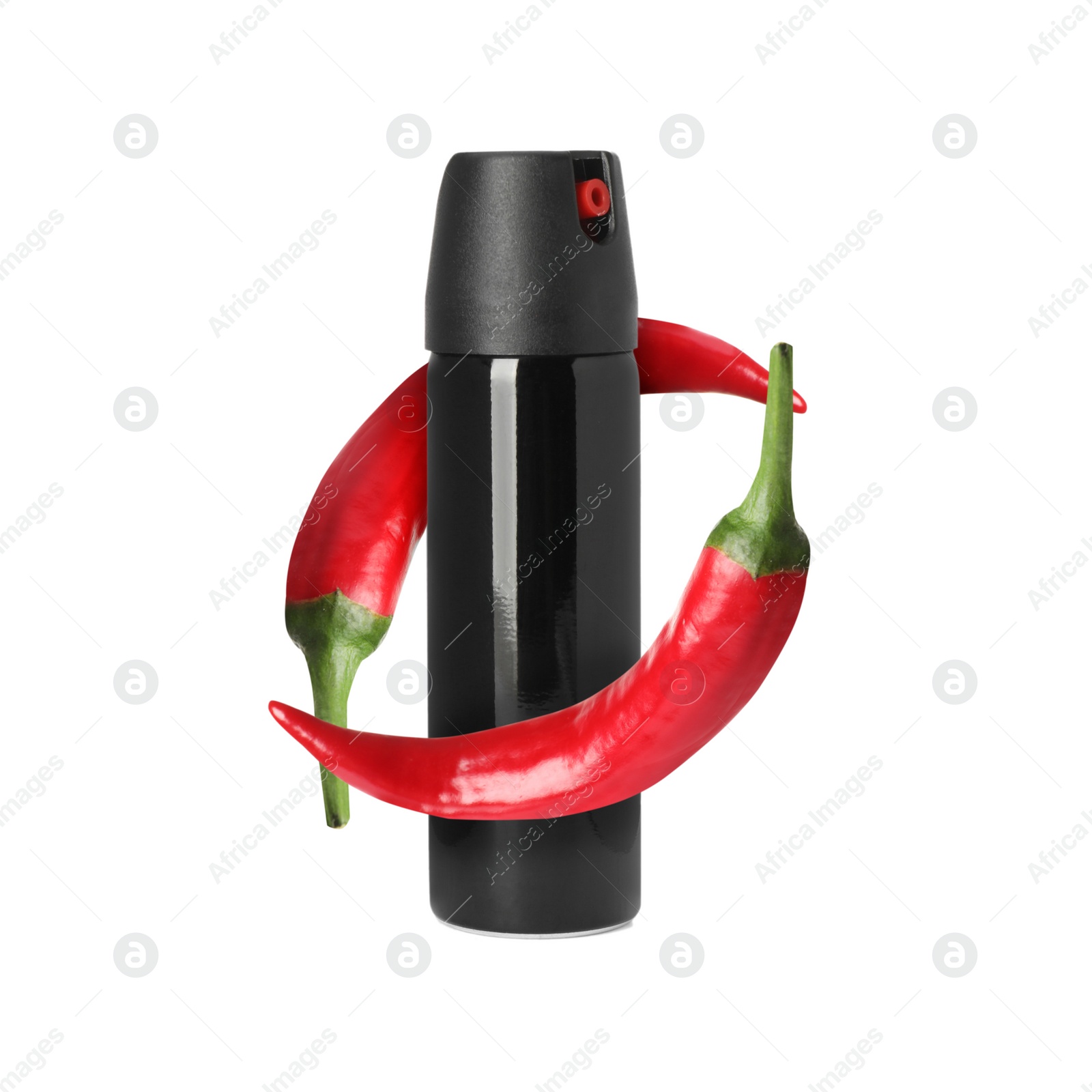 Image of Bottle of pepper spray and red hot chilies on white background