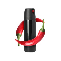 Bottle of pepper spray and red hot chilies on white background