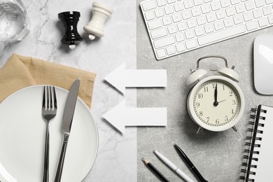 Creative business lunch layout. Plate with cutlery, arrows and alarm clock on light grey textured table
