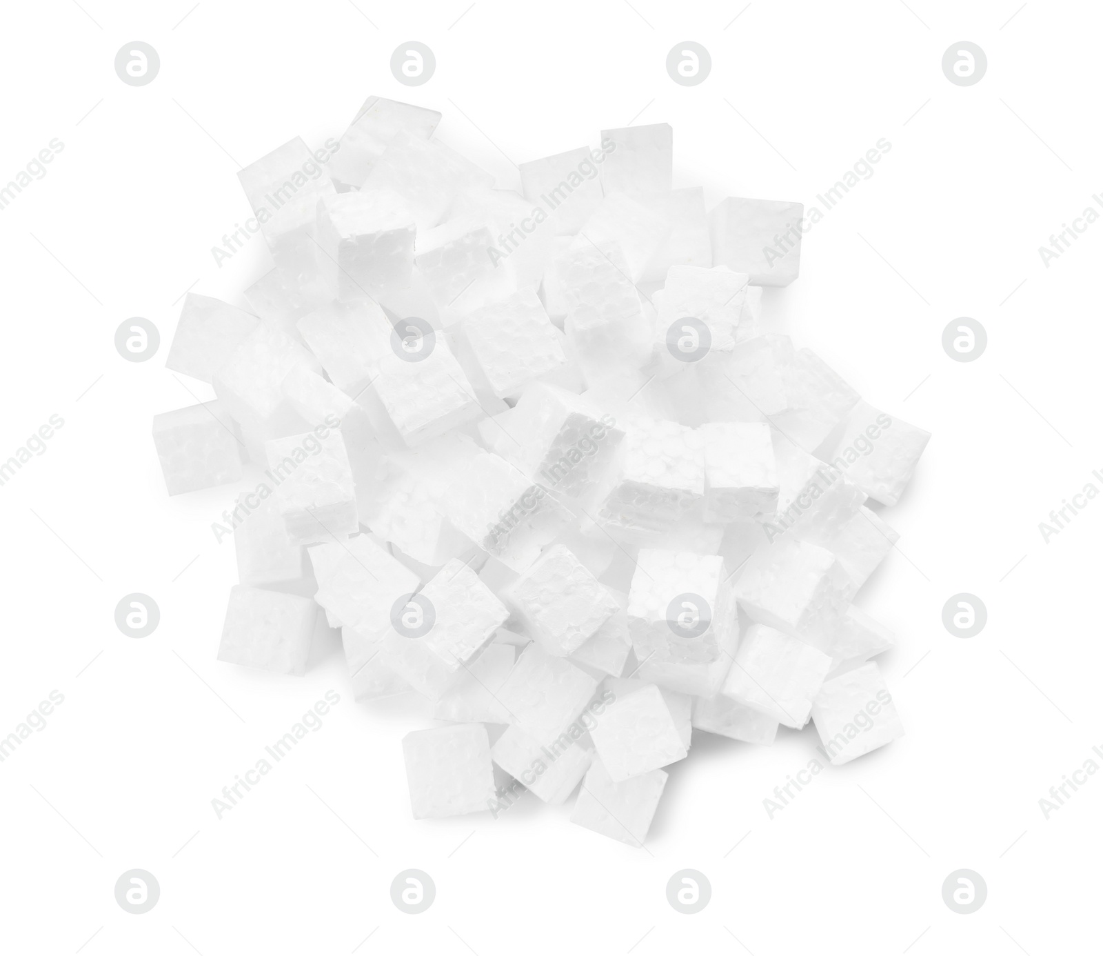 Photo of Pile of styrofoam cubes on white background, top view