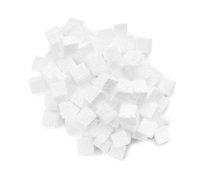 Pile of styrofoam cubes on white background, top view