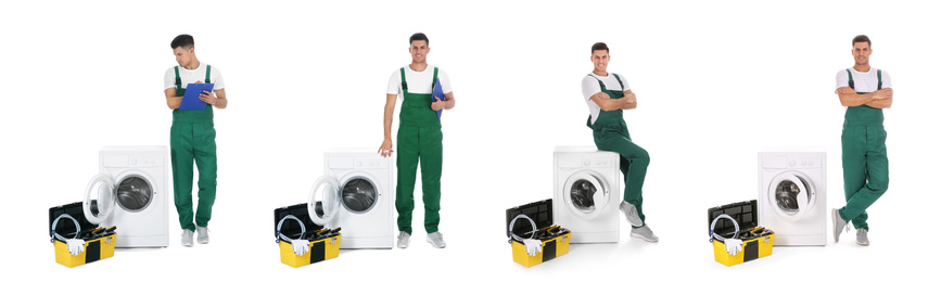 Image of Collage with photos of plumber on white background. Banner design 