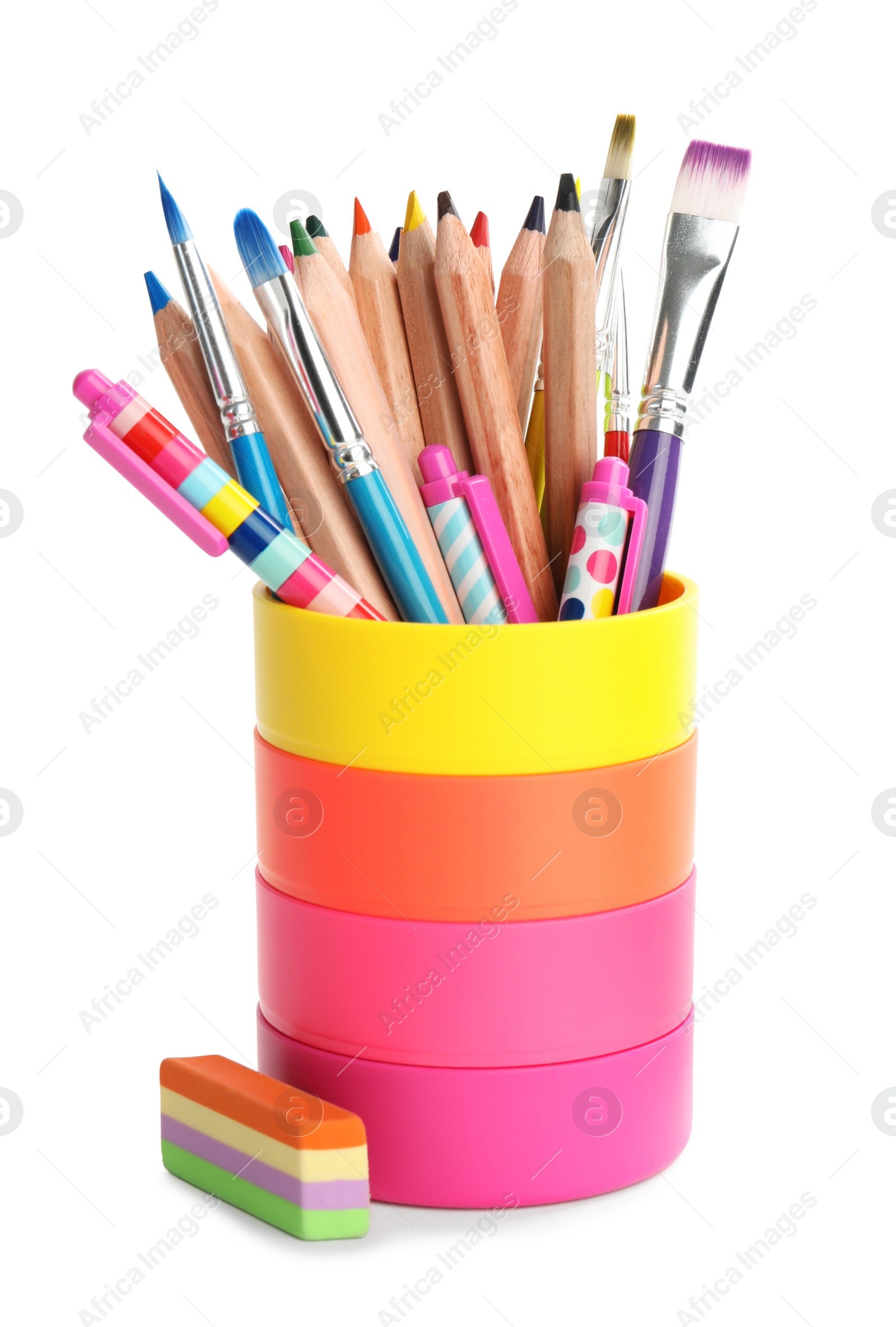 Photo of Set of colorful school stationery on white background