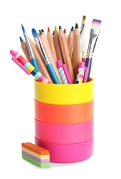 Photo of Set of colorful school stationery on white background