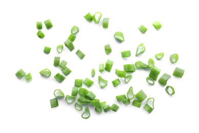 Fresh chopped green onion isolated on white, top view