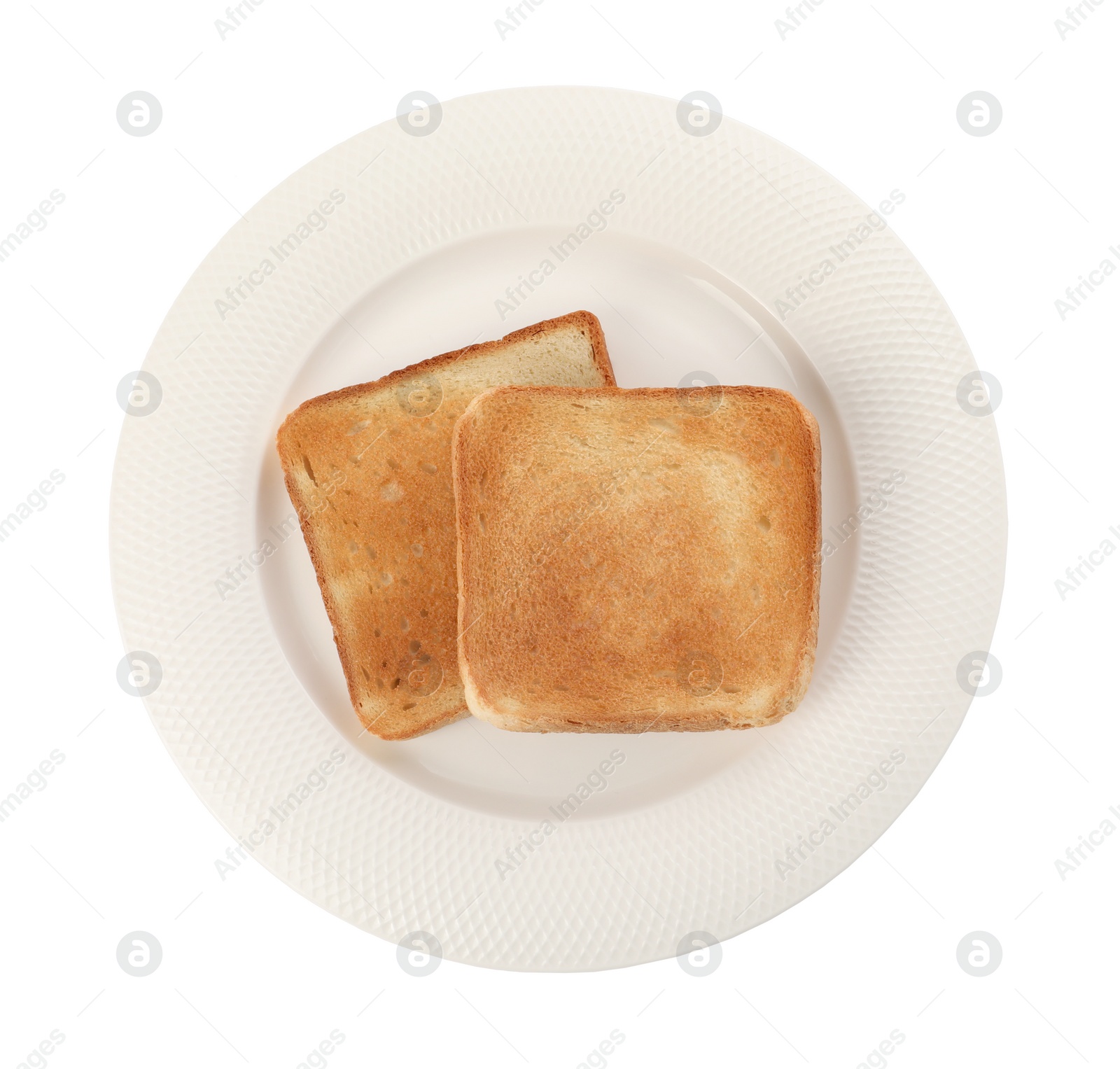 Photo of Plate with slices of delicious toasted bread on white background, top view