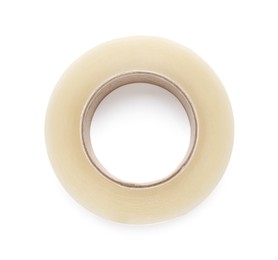 Photo of Roll of adhesive tape on white background, top view