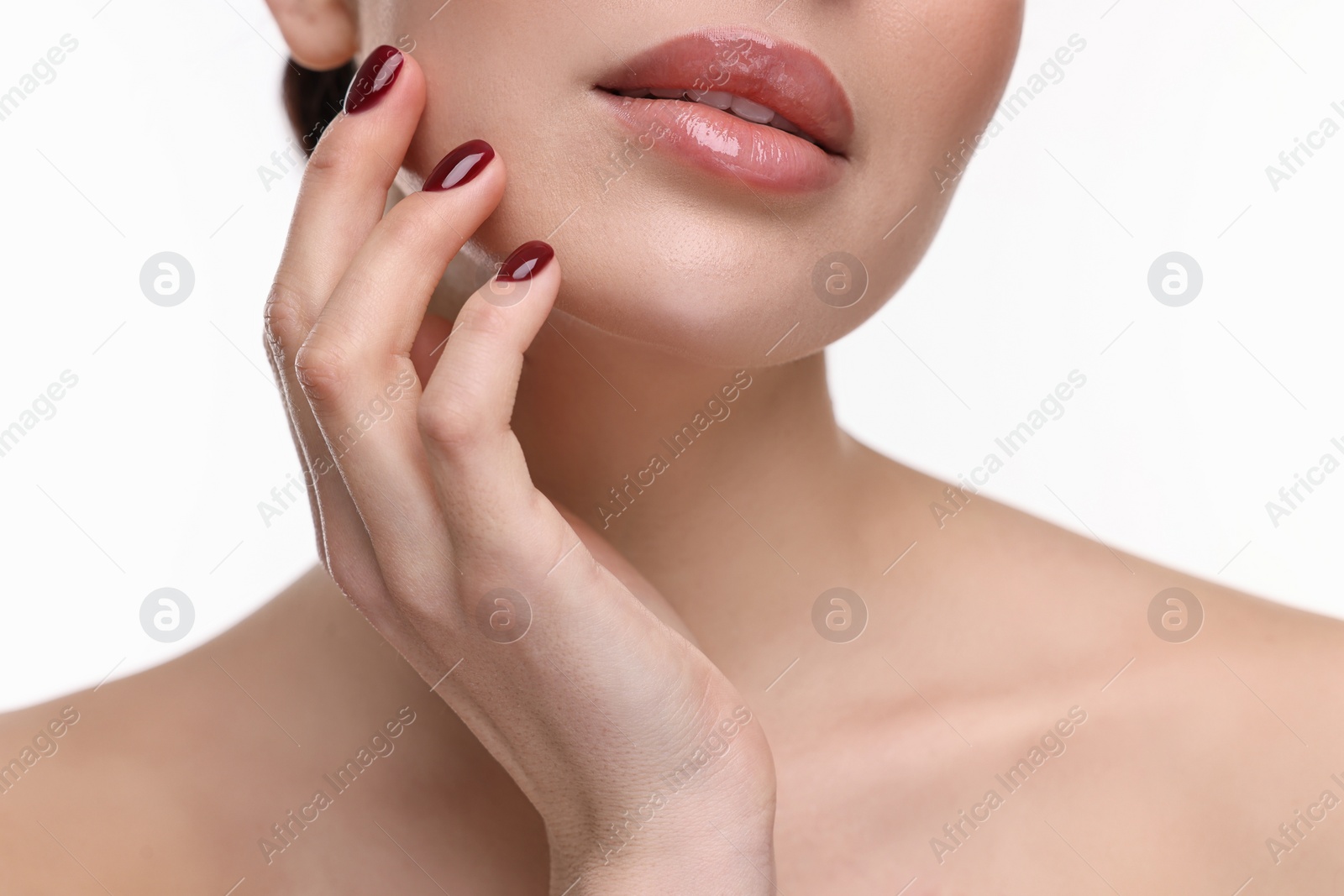 Photo of Woman with beautiful lips on white background, closeup