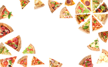 Frame with slices of different pizzas on white background, top view 
