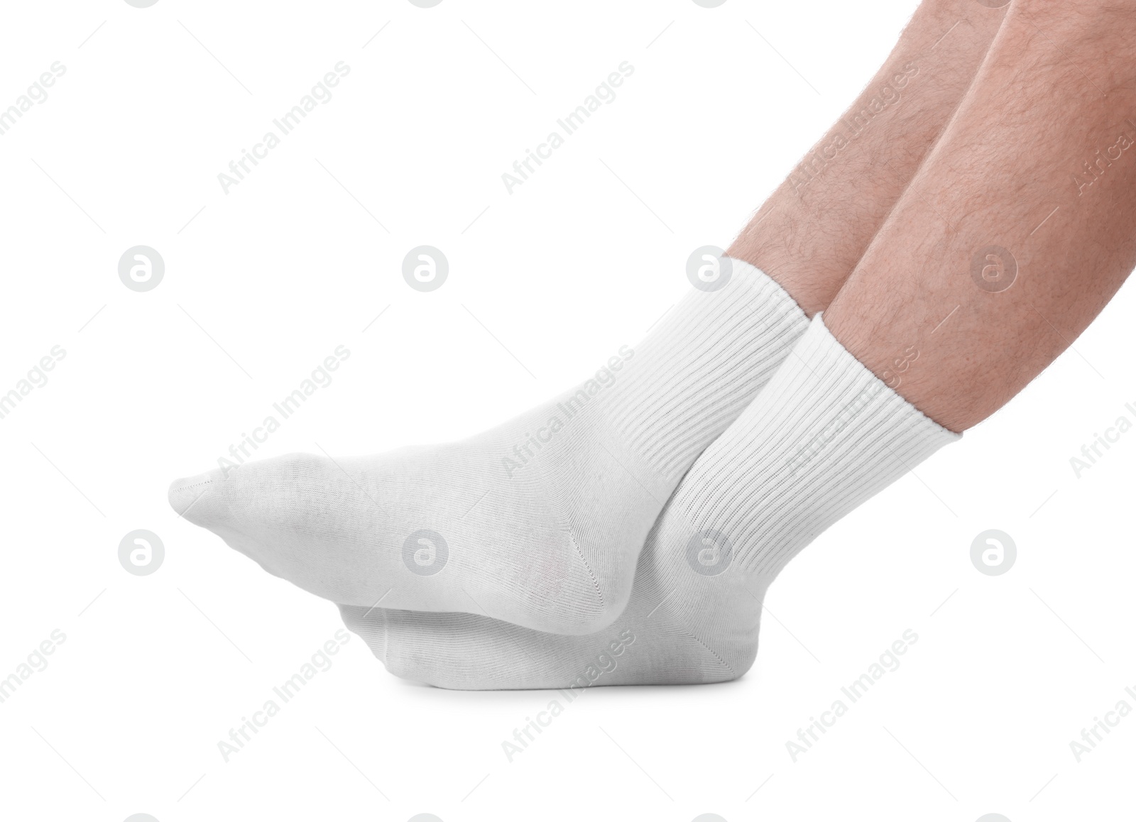 Photo of Man in stylish socks on white background, closeup