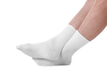 Photo of Man in stylish socks on white background, closeup