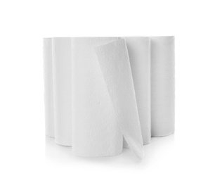 Rolls of paper towels on white background