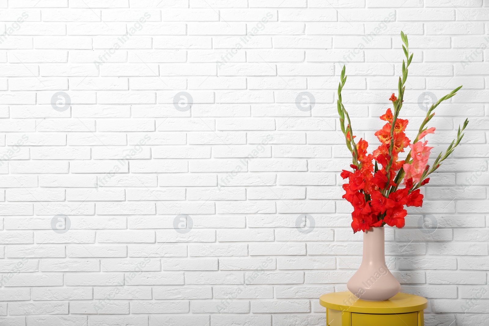 Photo of Vase with beautiful gladiolus flowers on wooden table against white brick wall. Space for text