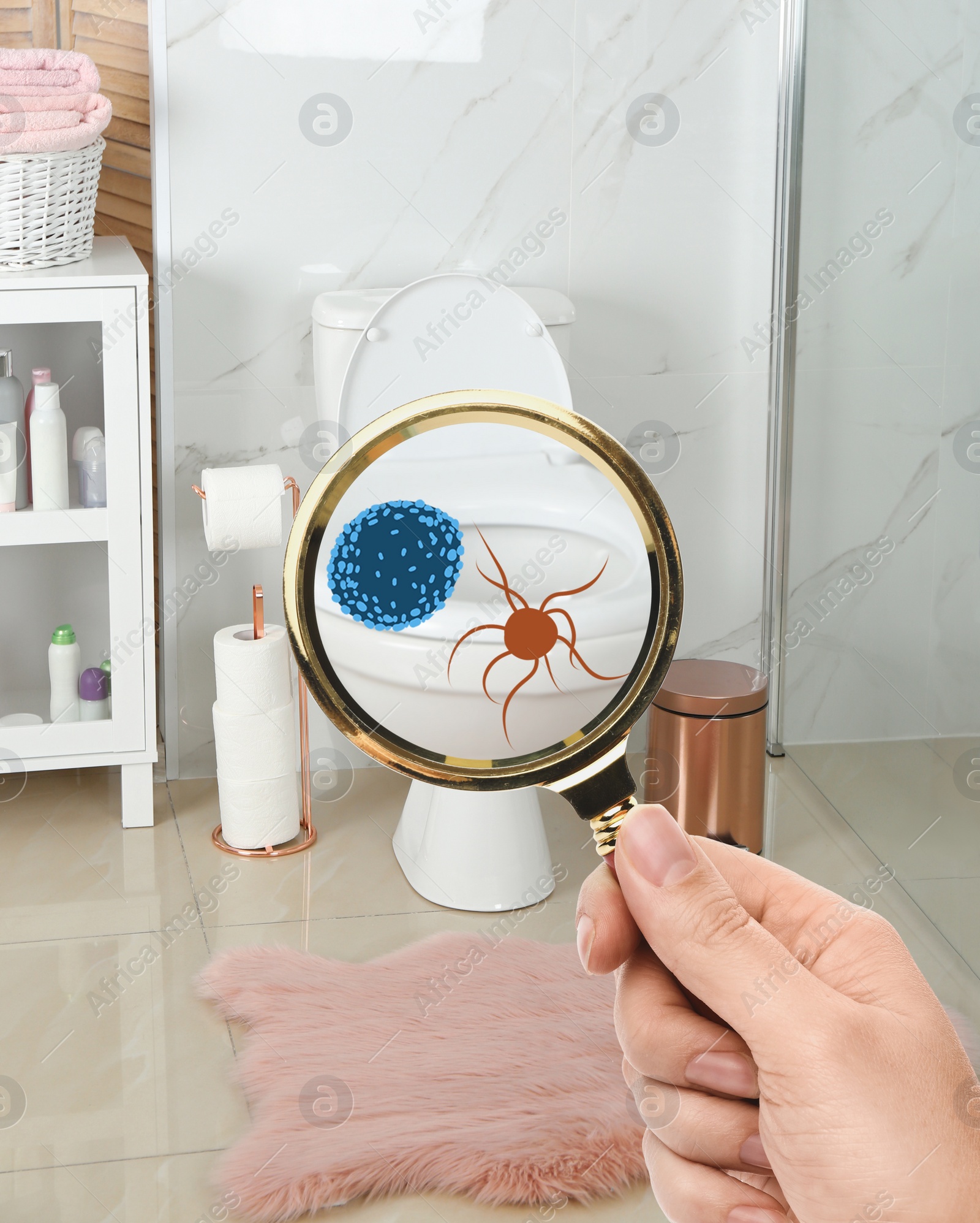 Image of Woman with magnifying glass detecting microbes on toilet bowl in bathroom, closeup  