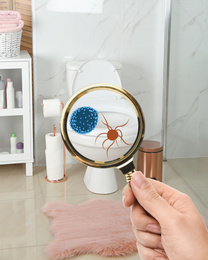 Woman with magnifying glass detecting microbes on toilet bowl in bathroom, closeup  