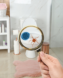 Image of Woman with magnifying glass detecting microbes on toilet bowl in bathroom, closeup  