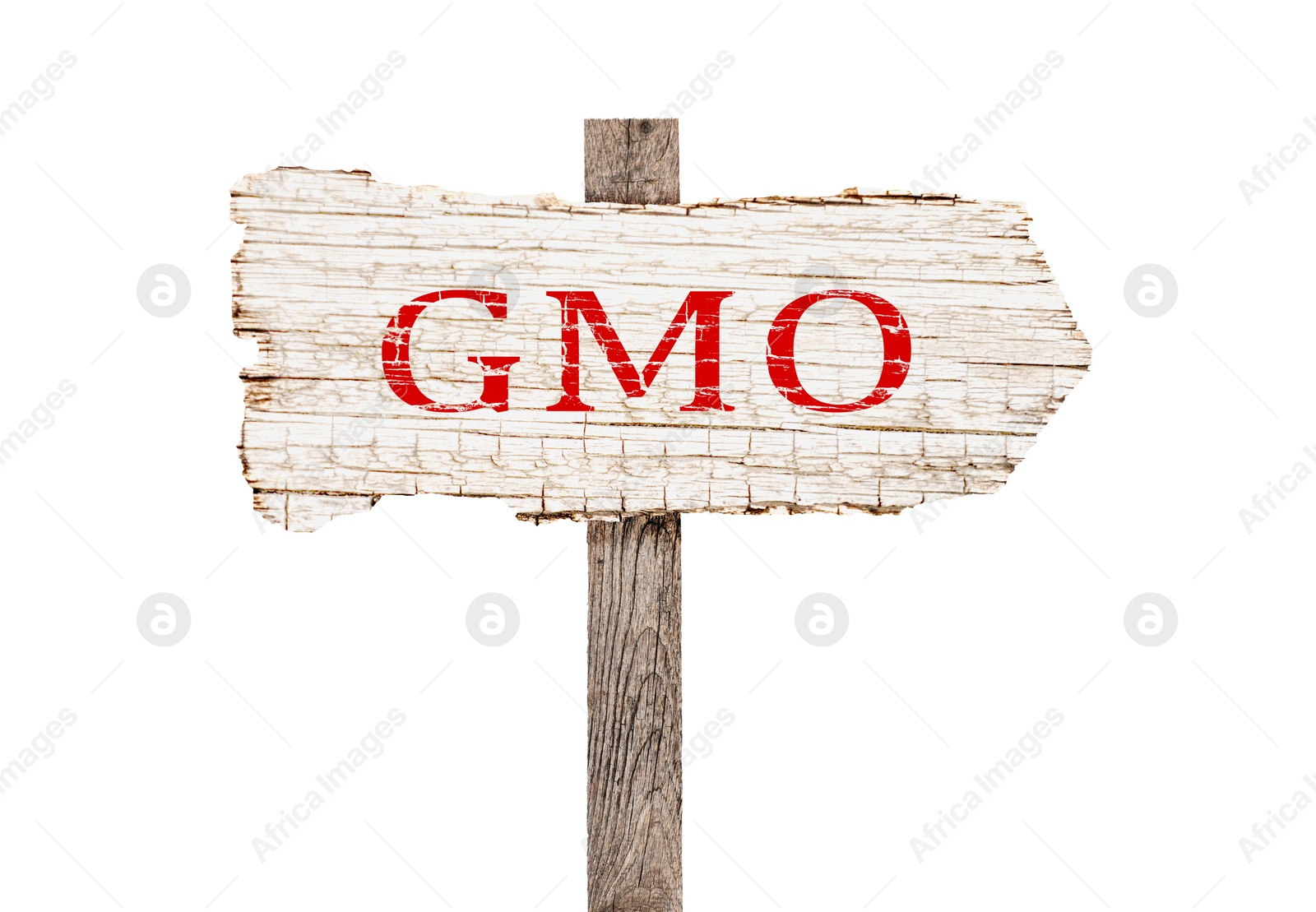 Image of Wooden sign with abbreviation GMO on white background