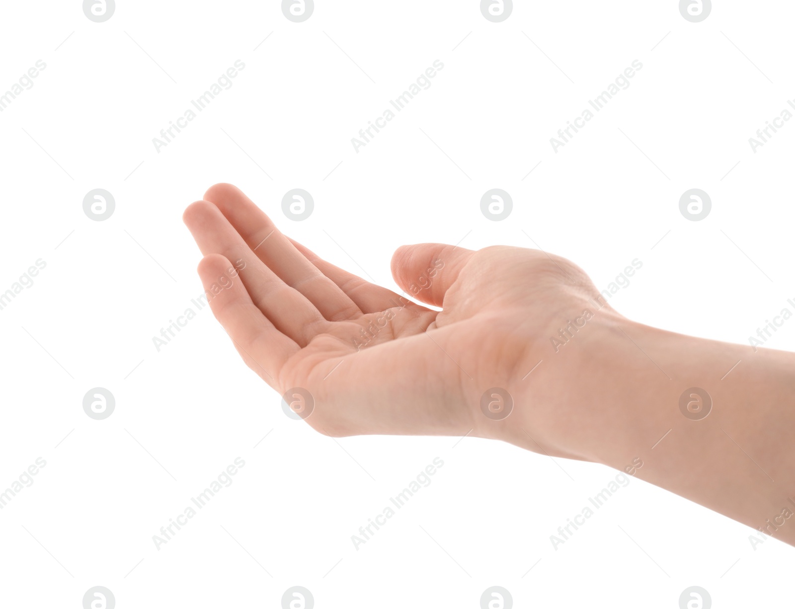 Photo of Woman holding something on white background, closeup of hand