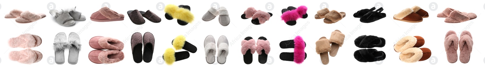 Image of Collage with different slippers on white background. Banner design