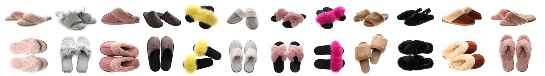 Image of Collage with different slippers on white background. Banner design