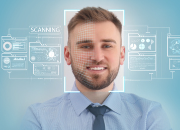 Image of Facial recognition system. Man with scanner frame on face and information