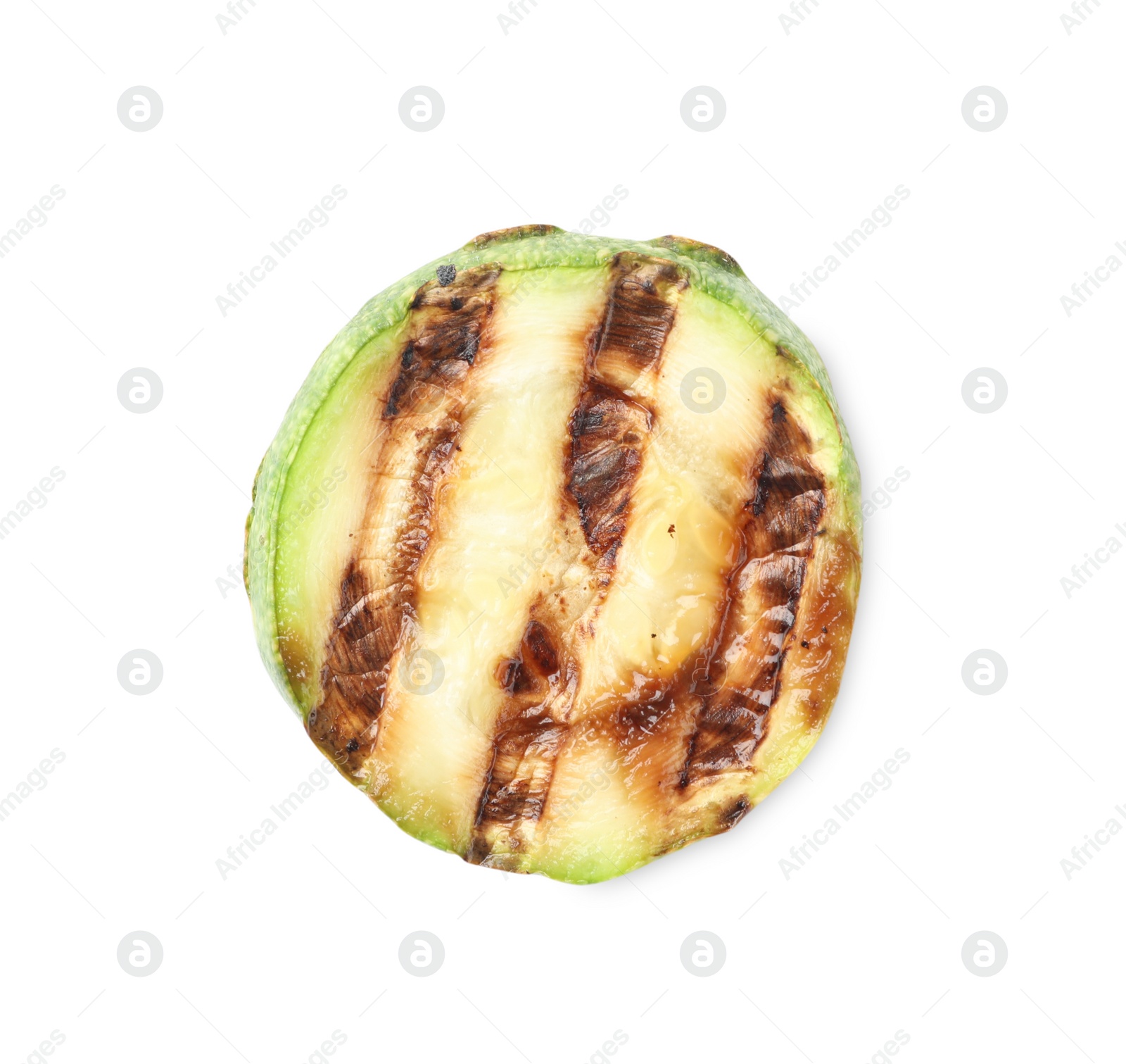 Photo of Delicious grilled zucchini slice isolated on white, top view