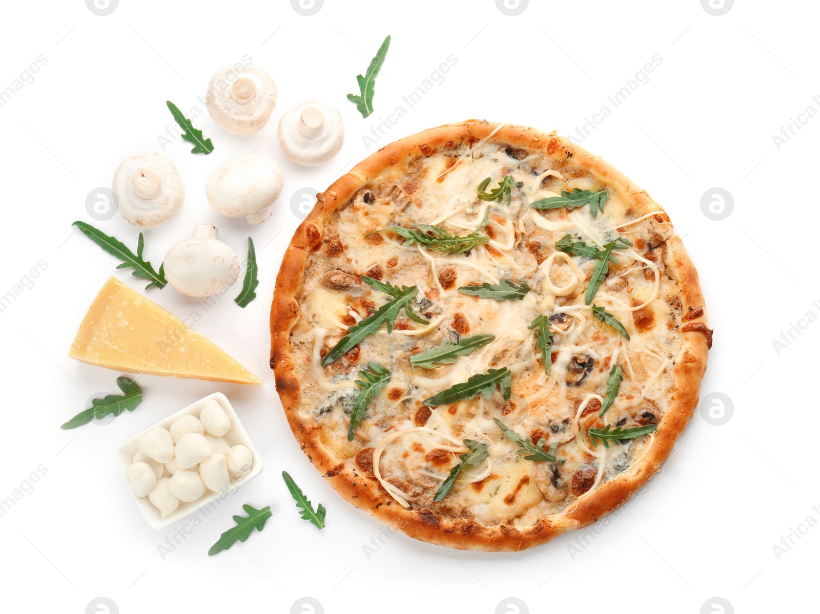 Photo of Delicious pizza with cheese on white background