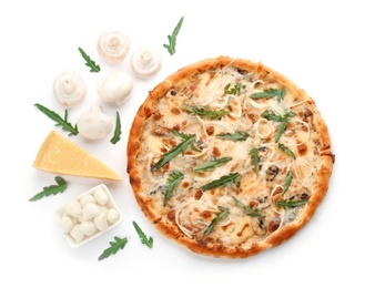 Delicious pizza with cheese on white background